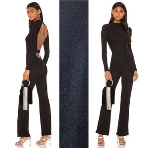 NWT Superdown Nissa Metallic Glitter Open Back Jumpsuit S Black Mock Neck